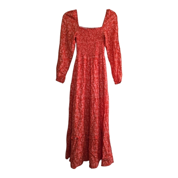 Anthropologie Dolan Smocked Red Motif Maxi Dress XS Pink Floral Long Sleeves - Picture 3 of 9